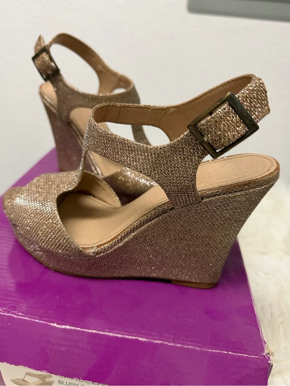 Candelas Blush Glitter Wedge Sandals - Blush